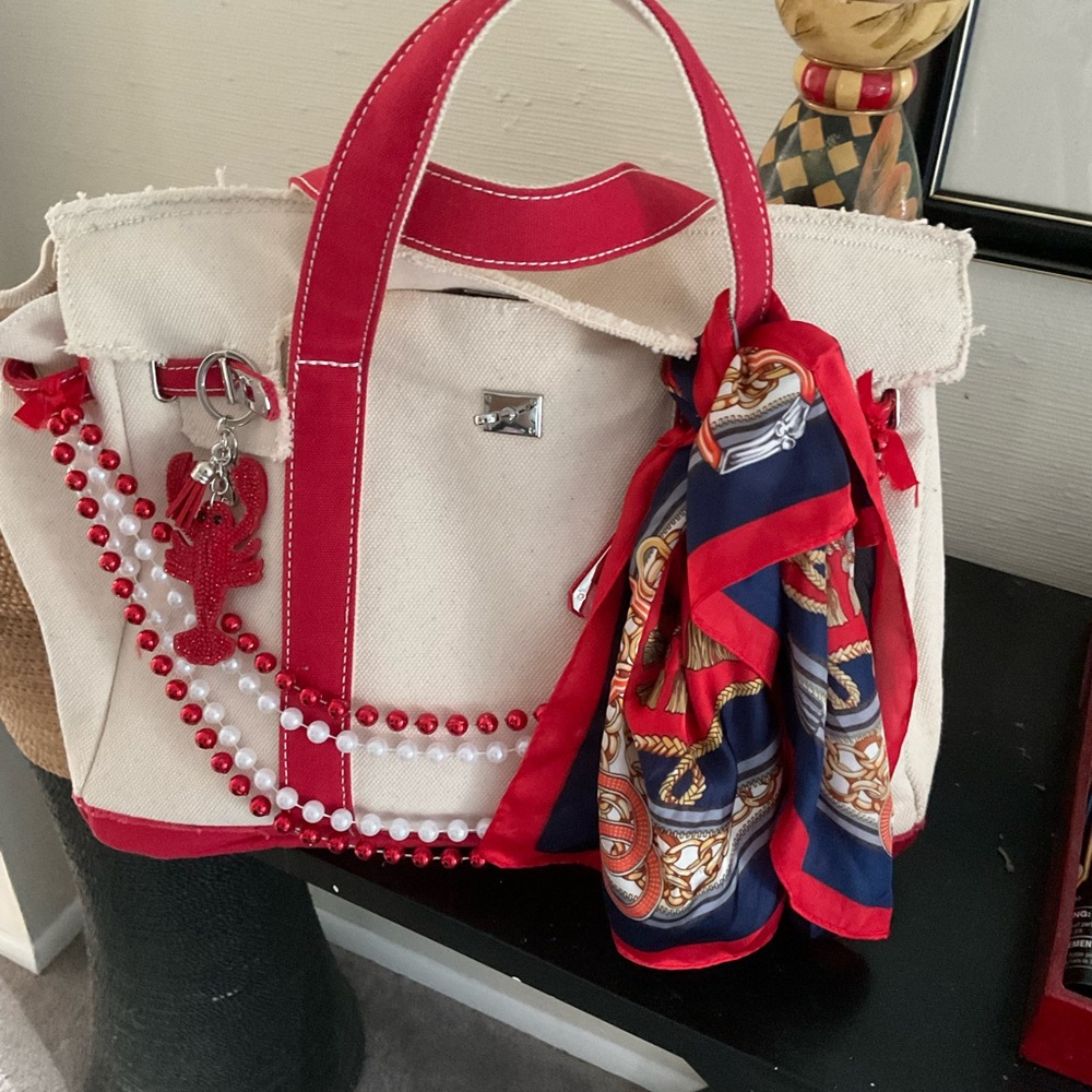The Viral Boatkin Canvas Tote Bag with Red Trim and Nautical Scarf